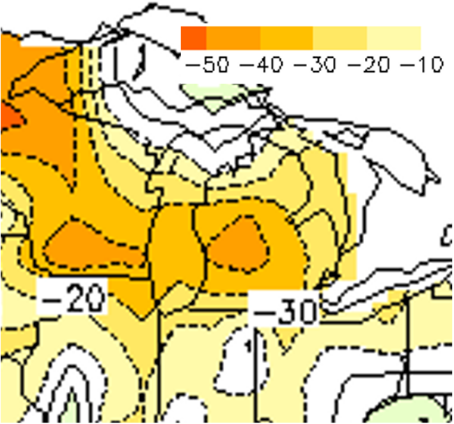 Calculated soil moisture anomaly change for the Great Lakes region from April 30 to May 23.